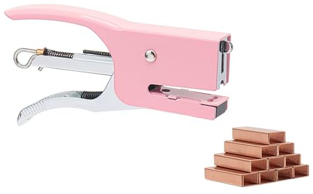 NatSumeBasics Pink Plier Stapler with No.10 Staples, Cute Manual Stapler with 1000 Rose Gold 15 Sheet Capacity Staples for Office School Home Desk Accessories Supplies (Pink)