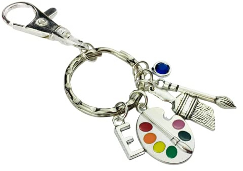 Personalised Artist Keyring with initial charm and birthstone crystal, palette and paintbrush bag charms keychain, handmade art teacher appreciation graduation birthday teen girl motivational brush