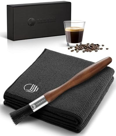 JODORA Barista Tuch + Barista Pinsel Reinigungsset - Siebträger Zubehör - 2 Barista Handtücher extrem saugstark 30x30cm für Siebträgermaschine & Dampfwalze - Kaffee Pinsel (Schwarz)