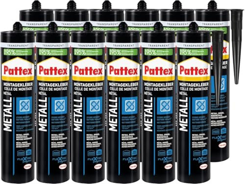 Pattex Montage Metall, starker Montagekleber für Metall, Buntmetall und Spiegel, Baukleber für alle Materialien*, elastischer Metallkleber für innen und außen**, 12x325g
