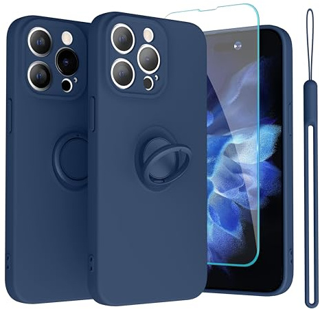 Abitku Ring Kickstand Case for iPhone 15 Pro Max (6.7 inch), Support Magnetic Car Mount (with Strap Rope) Women Girl Silicone Cover Case for iPhone 15 Pro Max 2023 (Blue)
