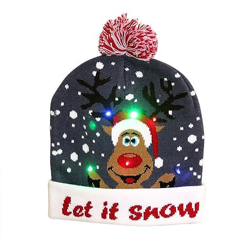 JAWSEU Leuchtende Weihnachtsmütze, LED-Weihnachtsmütze mit 6 bunten Lichtern, Weihnachten Beanie Mütze Warme Kappe Unisex Wintermütze Strickmütze Schneemütze für den Außenbereich Partygeschenk