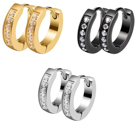 Epoch World Pack de 3 Pares Acero Inoxidable Pendientes Aro para Mujer Hombre Pequeños Pendientes Hombre Circonita Pendientes Mujer Diamante Brillantes Plata Negro Oro Dorados