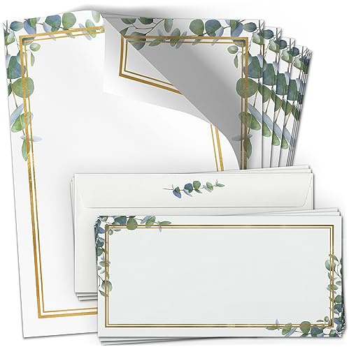 10 Briefpapier mit Briefumschlag Set | Eukalyptus Gold-Look | Papier und Umschlag mit Design-Motiv bedruckt | 90 g/m²