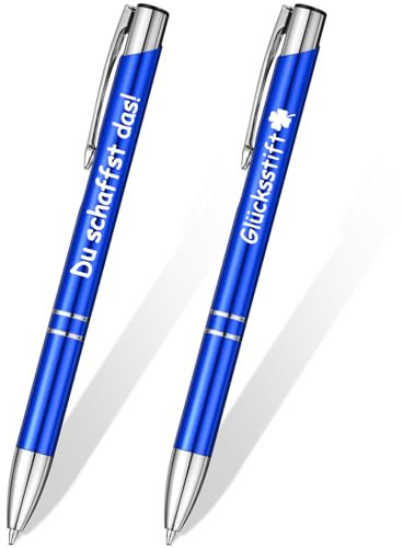 Tenare 2 Stück Inspirierende Einziehbare Kugelschreiber Metall Glücksbringer Druckkugelschreiber mit Gravur Prüfung Du Schaffst Das Geschenke Motivierende Glücksstift für Lehrer Kollege (Blau)