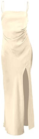 AMDOLE Vestidos envolventes para mujer, casual, verano, color sólido, sexy, delgado, sedoso, satinado, brillante, vestido de tirantes divididos, vestido camisero con cinturón, amarillo, S