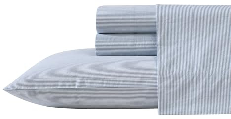 Nautica - Queen Size Sheets Set, Crisp & Tailored Bedding with a Smooth Cotton Percale Lightweight Feel - Bed Sheets with Matching Pillowcases & Fitted Sheet (Penny Pinstripe Blue)