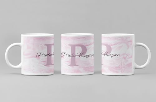 C&P Taza Deluxe Personalizada en color blanco brillo con Inicial,nombre y apellido de cerámica 350 ML