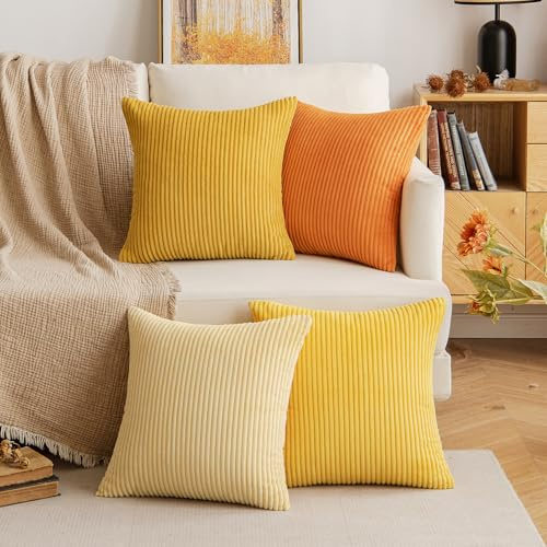 EMEMA Kissenbezug 40x40 Kordsamt Orange Serie Herbst Sofakissen 4er Set | Dekokissen Kissenbezüge Kord Kissenhülle Zierkissenbezug Dekorative Cord Kissen Weiche für Sofa Wohnzimmer Schlafzimmer