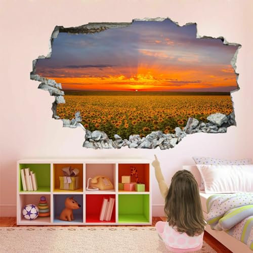 Wandbilder Wandtattoo 3D Sonnenblume Wanddurchbruch Wandaufkleber Sonnenuntergangslandschaft Fensterdeko Bilder Wanddeko Mädchen Aufkleber Fenstersticker Wandsticker Kinderzimmer Deko 120x80cm