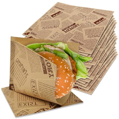 Lot de 50 sacs alimentaires de 18 x 18 cm, sac à hamburger, sacs à sandwich, sacs à collation avec impression oldnews, sacs de fête 100 % recyclables, en papier, sacs alimentaires résistants à la