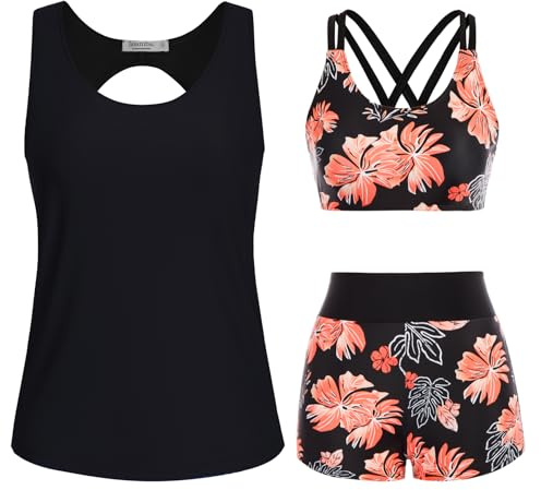 JASAMBAC Bikini Damen.3-Teiliger Tankini Damen Bauchweg, Push-Up-Bikinioberteil Und High Waist Badeshorts, Einfache Badebekleidung, Sport-Badeanzug, Bademode FüR Schwimmbad, Strand