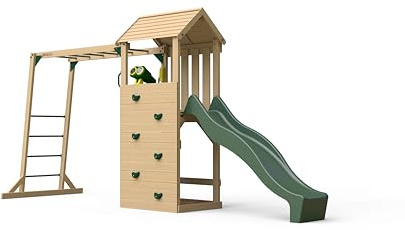 Plum Lookout Tower Wooden Play Centre with 8ft Slide - Climbing Wall and Ladder - Binocular Accessory Included - Suitable for Children 3 Years Plus (Forest Green Tower and Monkey Bars)