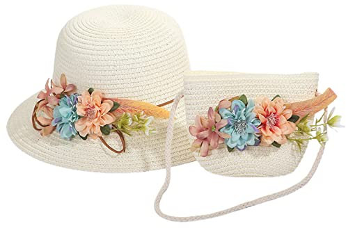Dinnesis Sombrilla de dibujos animados para niños y niñas, sombrero de playa + bolsa de paja, accesorios de verano para niños, bufanda redonda, Blanco, Talla única