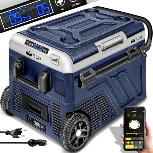 tillvex® Nevera eléctrica de compresor de 40L con Bateria | Congelador eléctrico con control WIFI-APP, puerto USB | Refrigerador hasta -20 °C para automóviles, camiones, camping