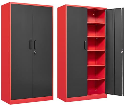 6-stöckiger Garagenschrank mit 5 verstellbaren Regalen, Metall-Aufbewahrungsschrank mit Schloss, rot/schwarz, Metallschrank mit verschließbaren Türen, Stahlspind, 180,3 cm, abschließbare
