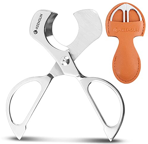 KEENSUN Tijeras para cigarros, guillotina de acero inoxidable de doble hoja de corte recto (plateado) con funda de cuero