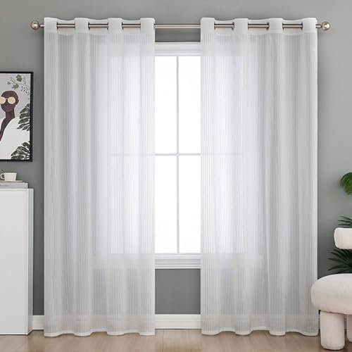 Vorhänge Schlafzimmer Lichtdurchlässig, Gardinen Schlaufen Weiß 2er Set Modern Einfarbig mit Streifen Motiv 96x160CM Schiebevorhänge Halbtransparent Gardinenschals Polyester Wohnzimmer