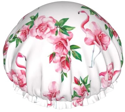 Wiederverwendbare Duschhaube für Damen, rosafarbene Badehaube mit Flamingo-Cartoon, doppellagig, wasserdicht, Haarschutz für die Dusche, verstellbares Gummiband, Duschhut für den Home-Spa-Salon, Badeh
