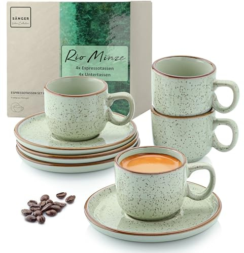 SÄNGER Rio Minze | Espressotassen Set 8 teilig, Tassen Set 4 Personen, Espresso- & Mokkatassen, kratz- spülmaschinen- mikrowellenfest, 4xTassen & 4xUntertassen mintgrün 80 ml | VALUE COLLECTION