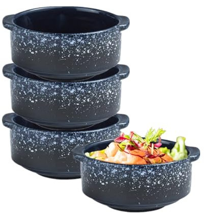 Ceramic Soup Bowls with Handles, 10 Ounce Porcelain Soup Crocks for French Onion Soup,Cereal,Beef Stew,Chill,Pasta,Sauce,Microwave and Oven Safe (Sea of Fog, Set of 4, 5 Inch)