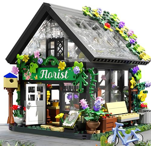 Ulikey Haus Bausteine mit LED Licht, Blumenhaus Bausteine Spielzeug, Klemmbausteine Haus mit Blumen Topfpflanzen Katze, Bauspielzeug Geschenk für Erwachsene Kinder ab 6 Jahre (Schwarz)