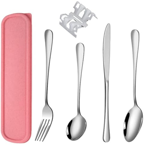 Juego de vajilla de viaje portátil, reutilizable de acero inoxidable (tenedores, cucharas y cuchillos) con estuche de almacenamiento, perfecto para camping, escuela y oficina (rosa)