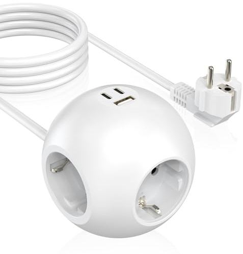 PD 25W Steckdosenleiste Würfel mit 1 USB A und 2 USB C, Steckdosenleiste mit 3 Fach Steckdosenadapter, Kugelbuchse mit 2 m Kabel（3680W 16A für Bürosteckdosen, weiß
