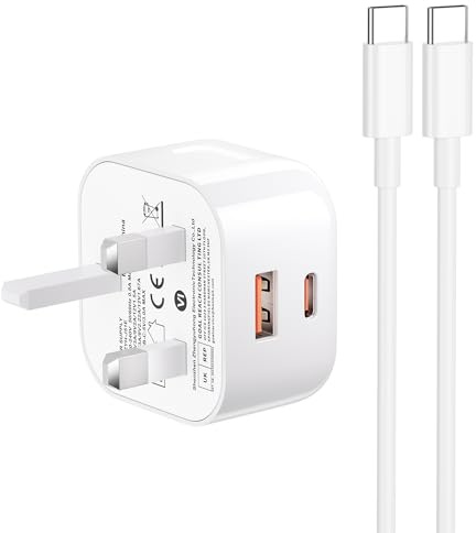 iPhone 15 16 17 Fast Charger, 20W Dual Port USB Fast Charger Plug and 2M Type C Cable, USB C Plug for iPhone 16/16 Pro/16 Pro Max/15/15 Pro Max/i-Pad, Macbook/AirPods, USB C Plug UK Power Adapter