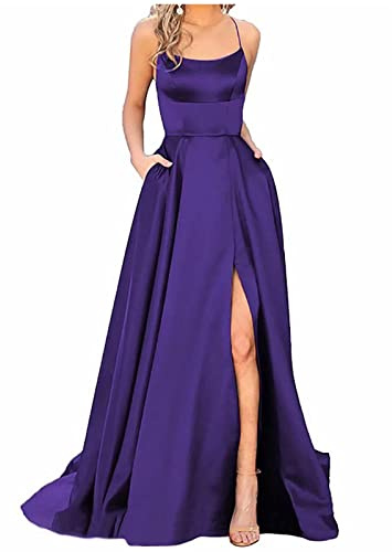 Robe de Soirée Longue Grande Taille Fendue Sexy Dos Nu Chic et Elegant Spaghetti Sangle Couleur Unie en Satin Maxi Robe de Gala Promo Demoiselle d'honneur Mariage Prom Dress