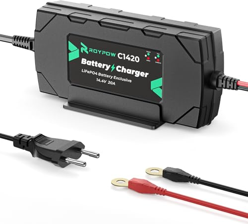 RoyPow Caricabatterie LiFePO4, 20 A, 14,4 V, Caricabatteria di Mantenimento con Funzione di Attivazione per Batterie al Litio LiFePO4 da 12 V per Auto, Camion, Moto, Tosaerba, Barche