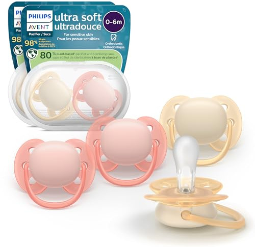Philips Avent Ultra Soft Pacifiers - Orthodontic Design, for Babies 0-6 Months, Flexible Shield, Silicone Symmetrical Nipple, BPA-Free, 2 Sterilizing Cases, 4 Pack, SCF091/47