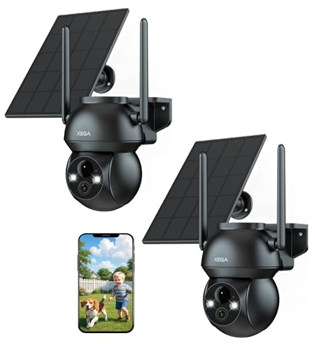 Xega 2 Pièces Camera Solaire Exterieur WiFi sans Fil, 2K PTZ IP Camera Surveillance Vision Nocturne Colorée, Détection Humaine PIR, Étanche IP66, Audio Bidirectionnel Alerte instantanée, Cloud/TF