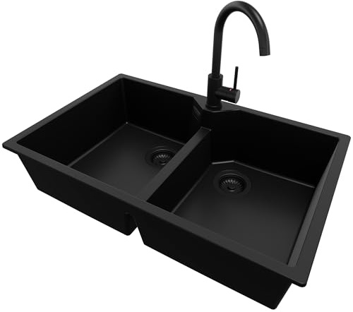 PRIMAGRAN Lavandino da Cucina al Mobile 80cm + Rubinetto, 78x50cm | Set: Rubinetto BW5010 + Kit di scarico + Lavello in Granito a 2 vasche - Madrid Twin, Tutto Nero