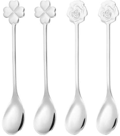 PATIKIL 4 Cucharillas De Café Rosa/Trébol De Cuatro Hojas 304 Acero Inoxidable Cucharitas Pequeñas Adorables Para Remover Espresso Vajilla De Mesa Para Postres Cubiertos Plateado