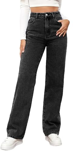Jamron Mujer Pantalones Vaqueros Rectos de Cintura Alta Jeans Casuales de Pierna Ancha Negro XL