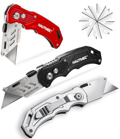 HAUTMEC 3er-Set Klappbares Universalmesser – Aluminium Cuttermesser mit Schnellwechselklinge, Sicherheitsverschluss & ergonomischem Griff, inkl. 15 SK5 Ersatzklingen – HT0429
