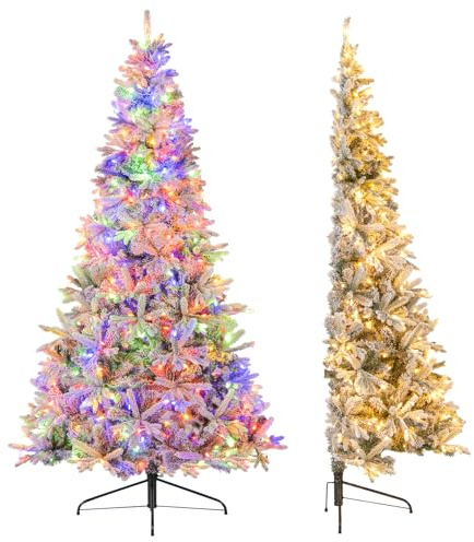 COSTWAY Albero di Natale Artificiale Innevato Metà 180 cm Pre-illuminato | Albero di Natale con 180 Luci LED Bianche Calde e Multicolori, 9 Modalità, 652 Punte di Rami in PE & PVC e Telecomando