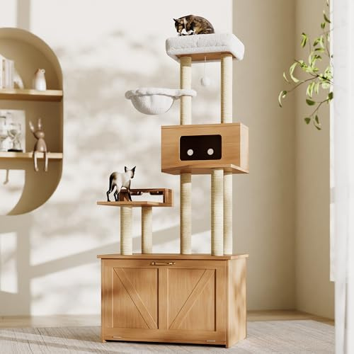 Merax Kratzbaum groß, 173 cm hoch, Katzenbaum Kletterturm, Katzenhaus mit Katzenklo-Schrank, Futterstation, Kratzsäulen, Plattformen, Höhlen, Korb, Plüschbälle, All-in-One-Katzenmöbel, Nussbaumfarben