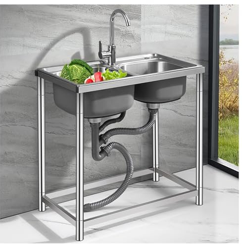 Lavello Doppio In Acciaio Inossidabile Lavandino Da Cucina Per Esterni H76cm Capacità Di Carico 50Kg Con Rubinetti Caldo E Freddo Montaggio Semplice Adatto Per Lavanderie Giardini Sul Retro