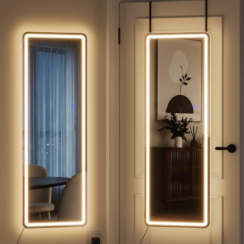 ZKIODV LED Väggspegel Smal, Lång Spegel med Belysning, Dörrspegel och Väggmonterad Spegel Rektangulär, 3 Ljusa Färger, Höjdjusterbar krok, Modern Helkroppsspegel för Sovrum, 120 x 37 cm (Vit)