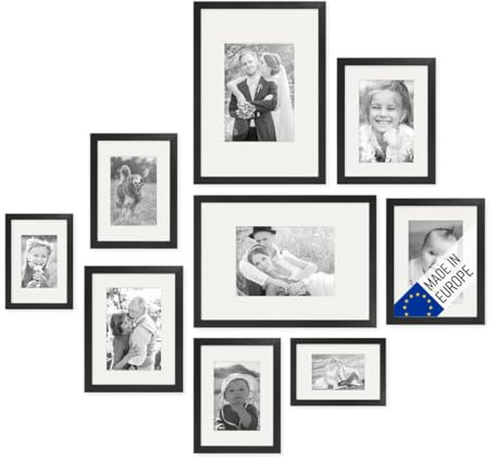 PHOTOLINI Echtholz-Bilderrahmen-Set mit Passepartout, 9er Rahmenset, Schwarz, Holzrahmen Made in EU, bruchsicheres Acrylglas, zum Aufhängen, extra Zubehör - für Fotos & Bilder