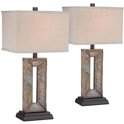Franklin Iron Works Tahoe Small Rustic Traditional Style Table Lamps 26 High Set of 2 Natural Stale Open Base Rectangular Box Shade for Living Room Bedroom House Bedside Home (Colors May Vary)