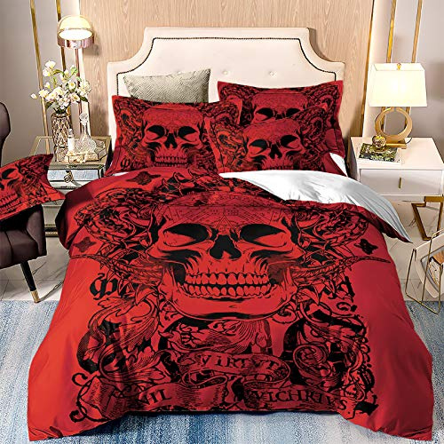 Red Skull Duvet Cover Set Gothic Tattoo Kids Bedding Set 2Pcs Floral Quilt Set with Pillow Case for Halloween Soft Microfiber Single Size 135X200cm