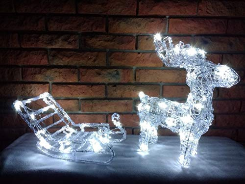 Benelando Beleuchtetes Rentier mit Schlitten und 64 LEDs für innen und außen