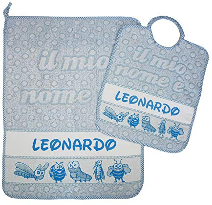 Bubabù SET ASILO PERSONALIZZATO CON NOME composto da 2 pezzi: bavaglino spugna con elastico cm.28x33, asciugamano cm.40x55 con fascia Cotone 100% Made in Italy - CONSEGNA TEMPESTIVA (AZZURRO)