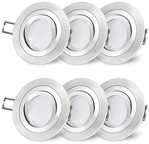 SSC-LUXon 6 Stück RF-2 LED Einbaustrahler gebürstet rund schwenkbar - mit Milky LED GU10 4W 230V warmweiß - Design Einbauspot