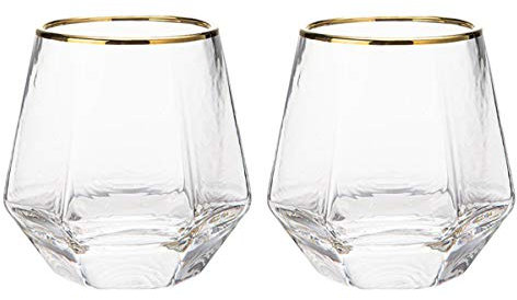 LKMY Crystal Whiskey Glass Gift Set of 2, 300ml Hexagonal Corner Tumbler Glass Set, Barware Bourbon Brandy Wine Beer Cup Tea Cup Glasses (Gold)