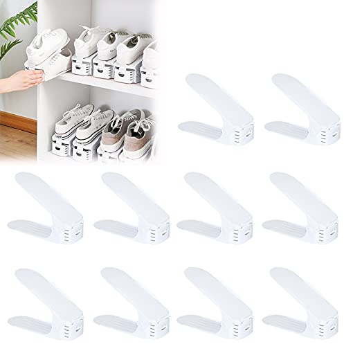 UISEBRT Einstellbare Schuhregale Schuhstapler 10 Stück Weiß, Schuhhalter platzsparend 3-Stufen-Verstellung, Schuh-Organizer Rutschfest