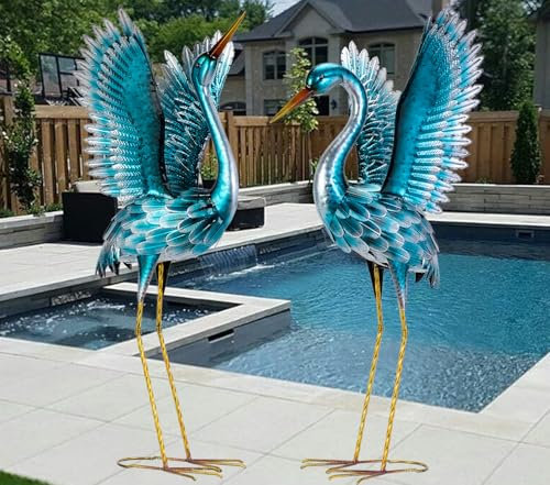 Natelf Garden Crane Statues for Outdoor, Blue Heron Decoy Garden Sculptures, Standing Metal Bird Yard Art for Patio Pond Backyard Decor(Set of 2)